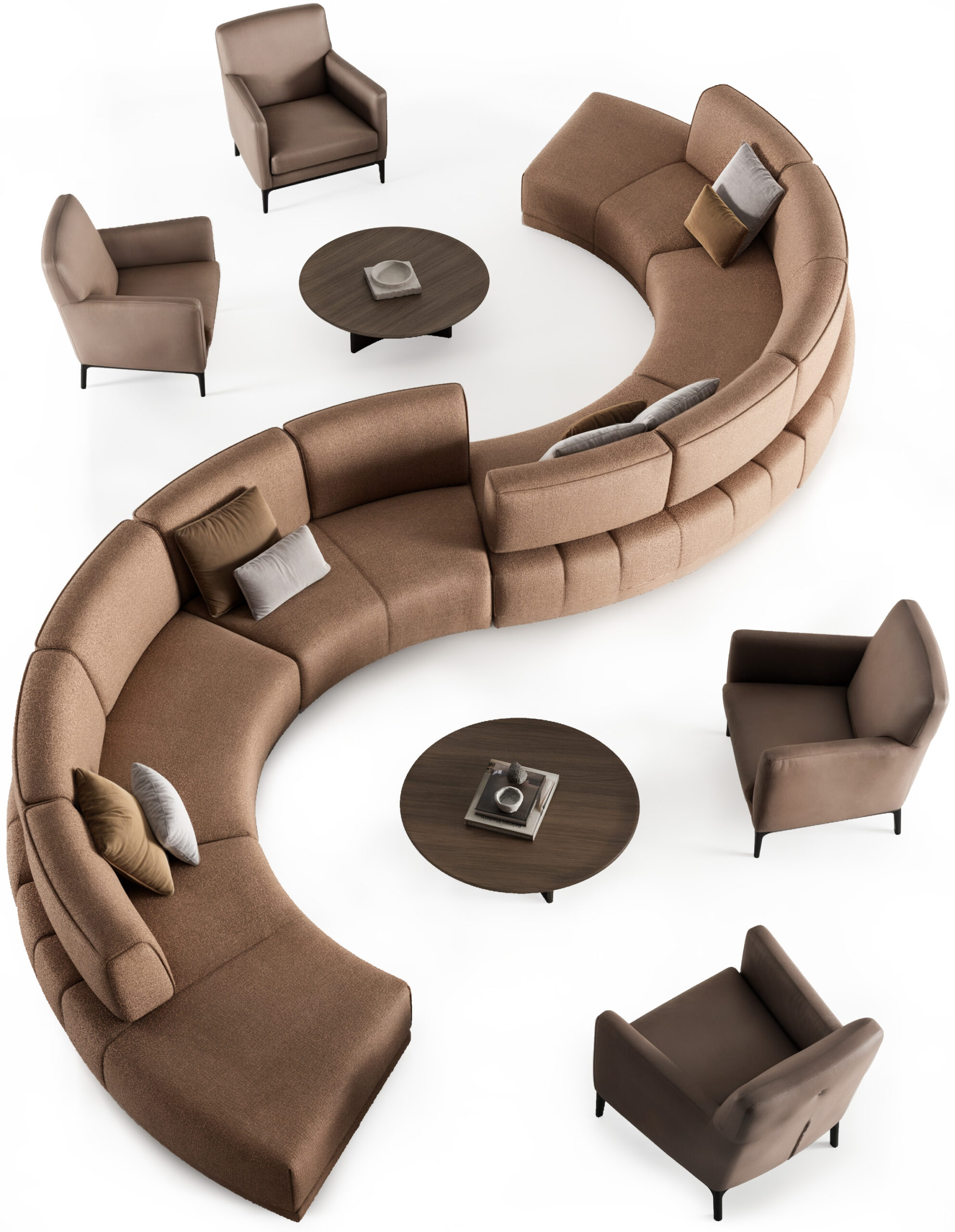 Soft taupe curved sectional sofa with modern pillows and sleek wooden coffee tables, perfect for contemporary living room décor.