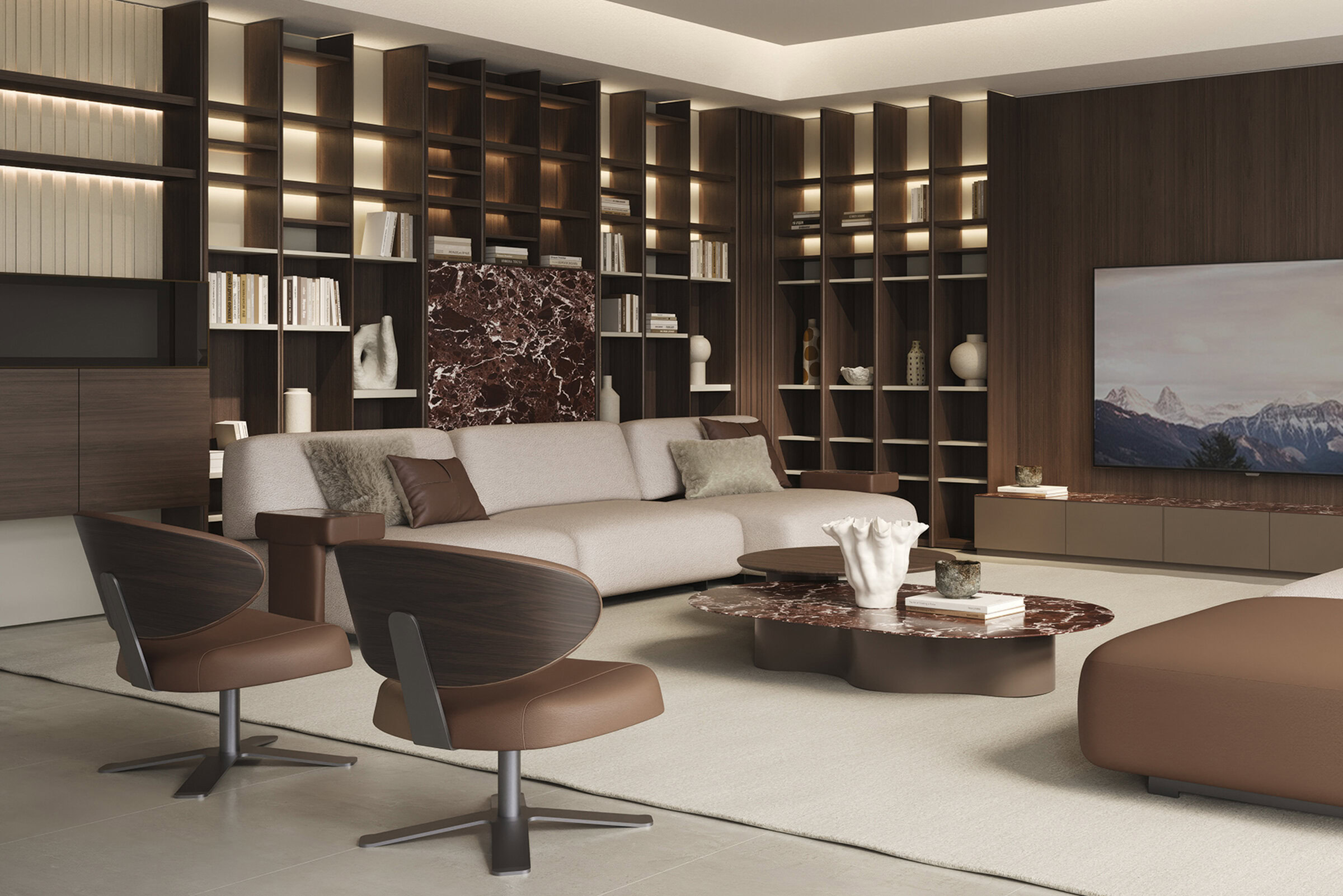 Stylish living room featuring a contemporary sofa, wooden shelving units, and elegant decor, perfect for modern interior design. High-quality furniture from Saloni Furniture enhances comfort and style.