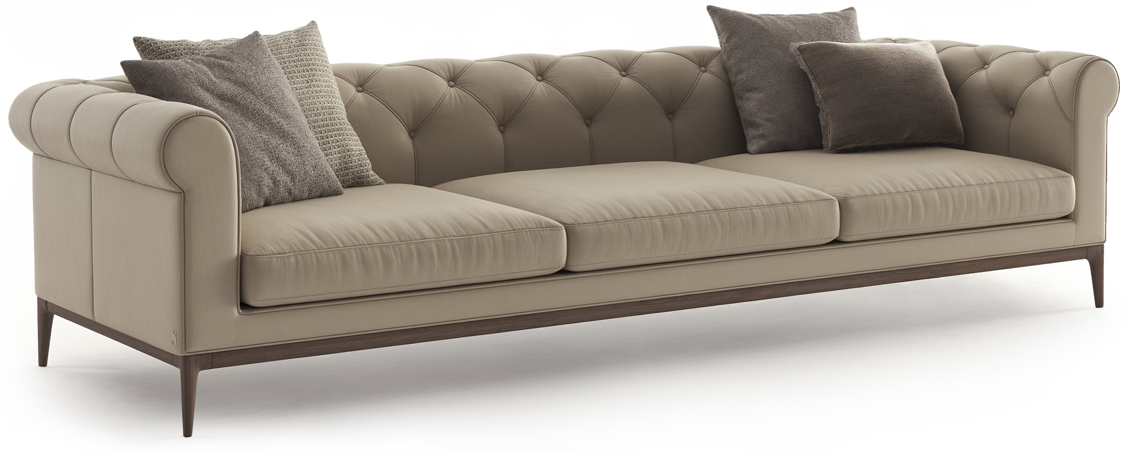 Stylish beige tufted sofa with wooden legs, perfect for modern living room furniture and comfortable seating.