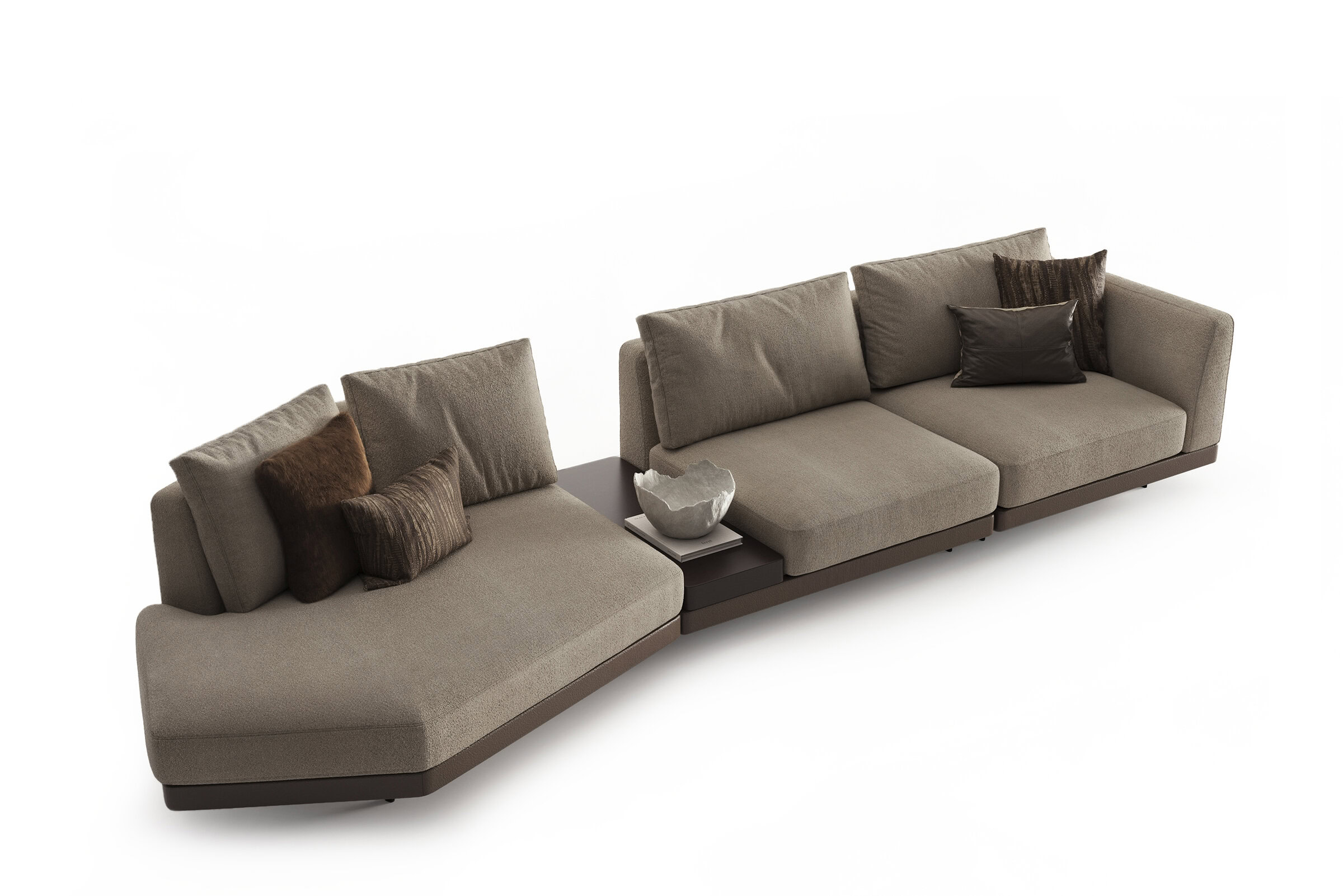 Elegant modern modular sofa with neutral fabric upholstery, featuring multiple cushions for added comfort, ideal for contemporary living room decor.