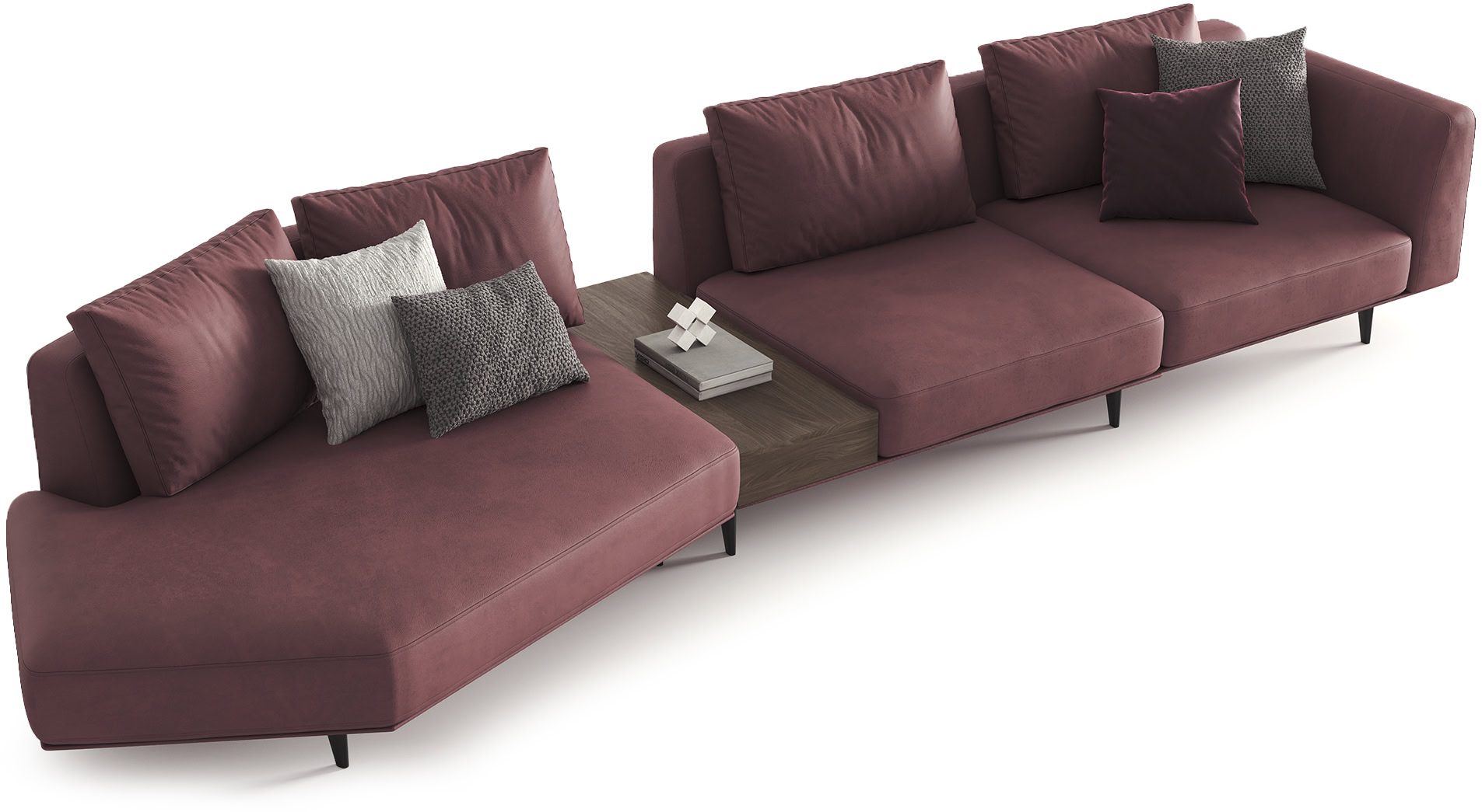 Elegant burgundy sectional sofa with plush cushions and a sleek wooden side table, perfect for contemporary living room decor.