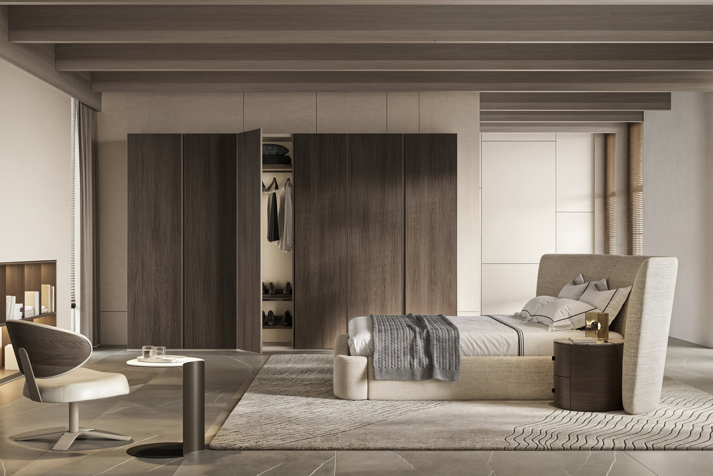 Sleek modern bedroom featuring a neutral-toned upholstered bed, wooden wardrobe, minimalist side table, and contemporary decor, showcasing high-quality furniture design and elegant aesthetics.