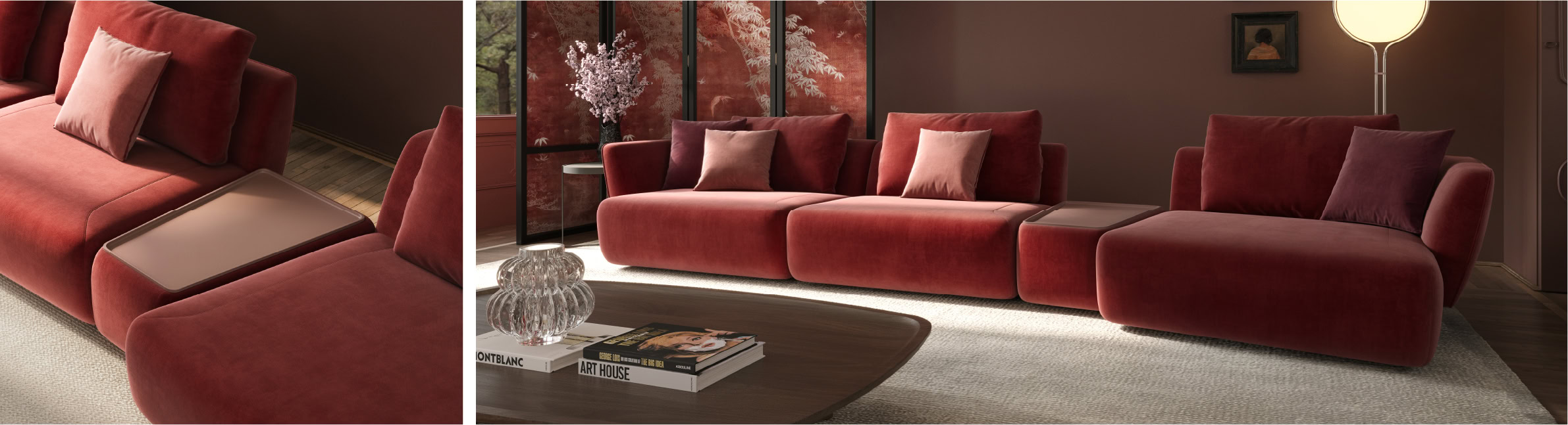 Elegant modern velvet sofa with plush cushions, perfect for stylish living rooms. Crafted for comfort and durability, this sofa adds a touch of luxury to any home decor.