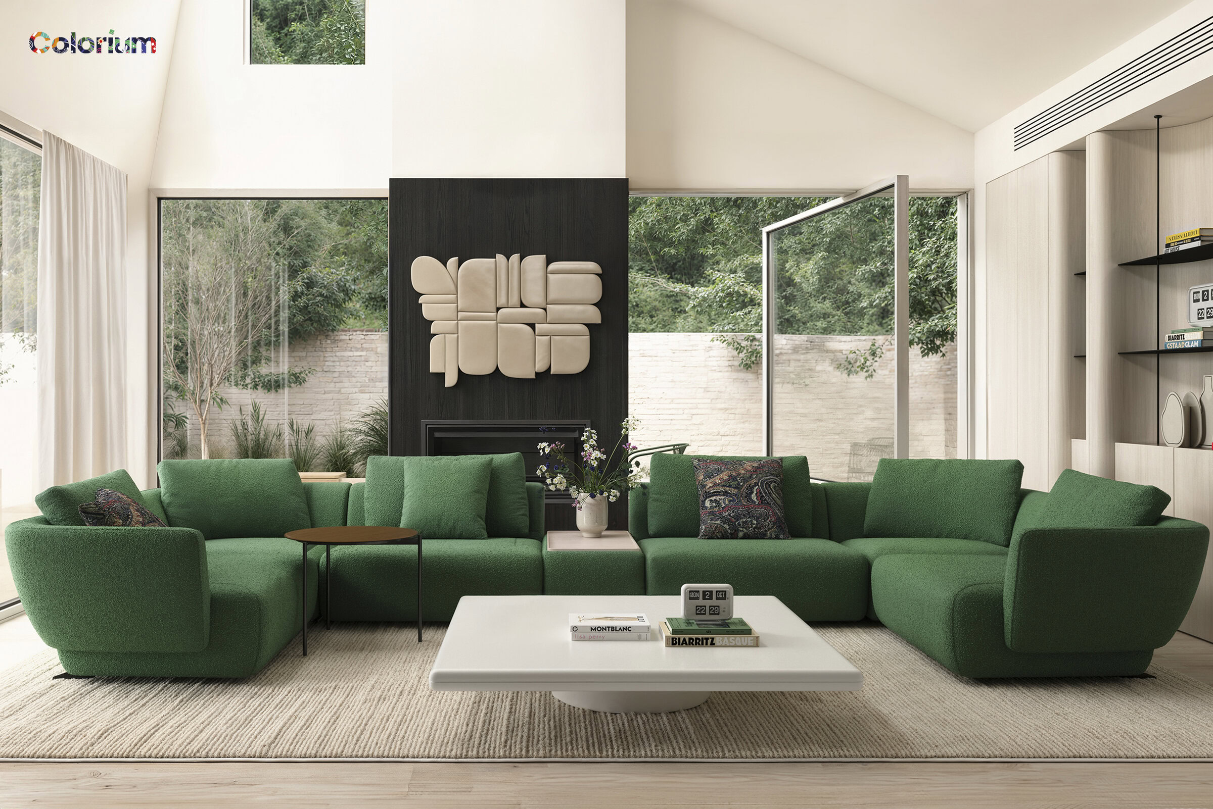 Contemporary green sofa set in a spacious, well-lit living room with large windows, modern decor, and a minimalist design perfect for stylish home interiors.