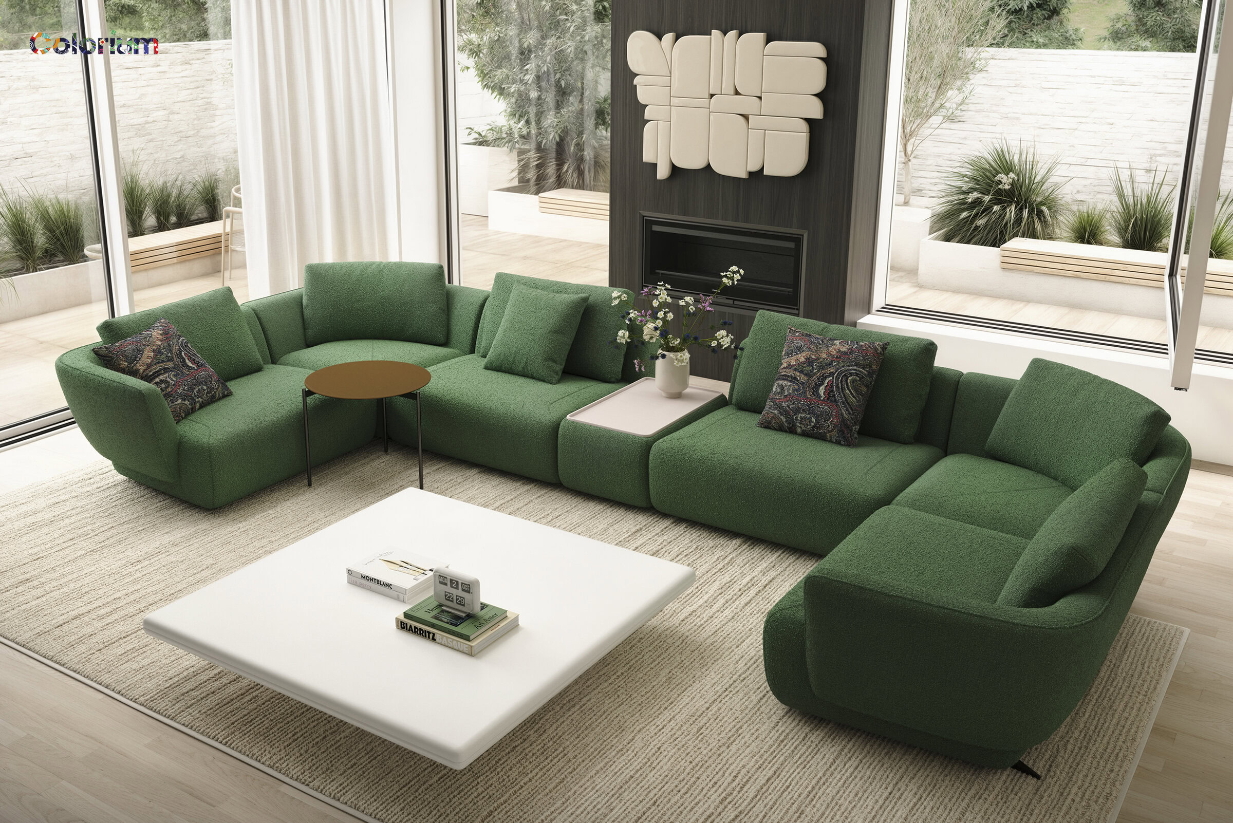 Stylish green sectional sofa in a contemporary living room with large windows, complemented by a white coffee table and decorative pillows, perfect for modern home interiors.