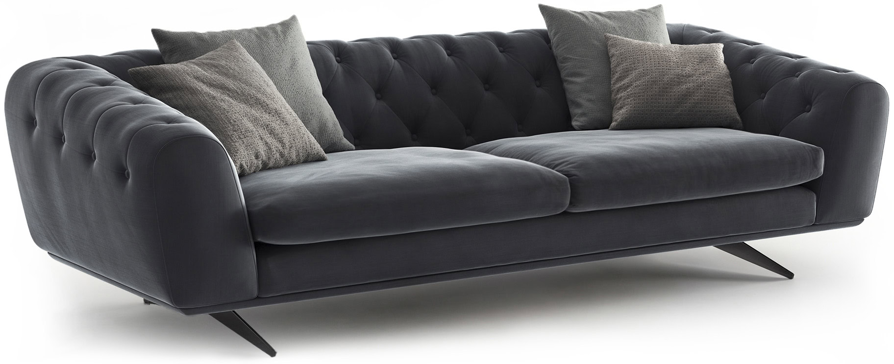 Stylish black velvet sofa with tufted design and plush cushions, perfect for contemporary living spaces and adding a touch of luxury to your home decor.