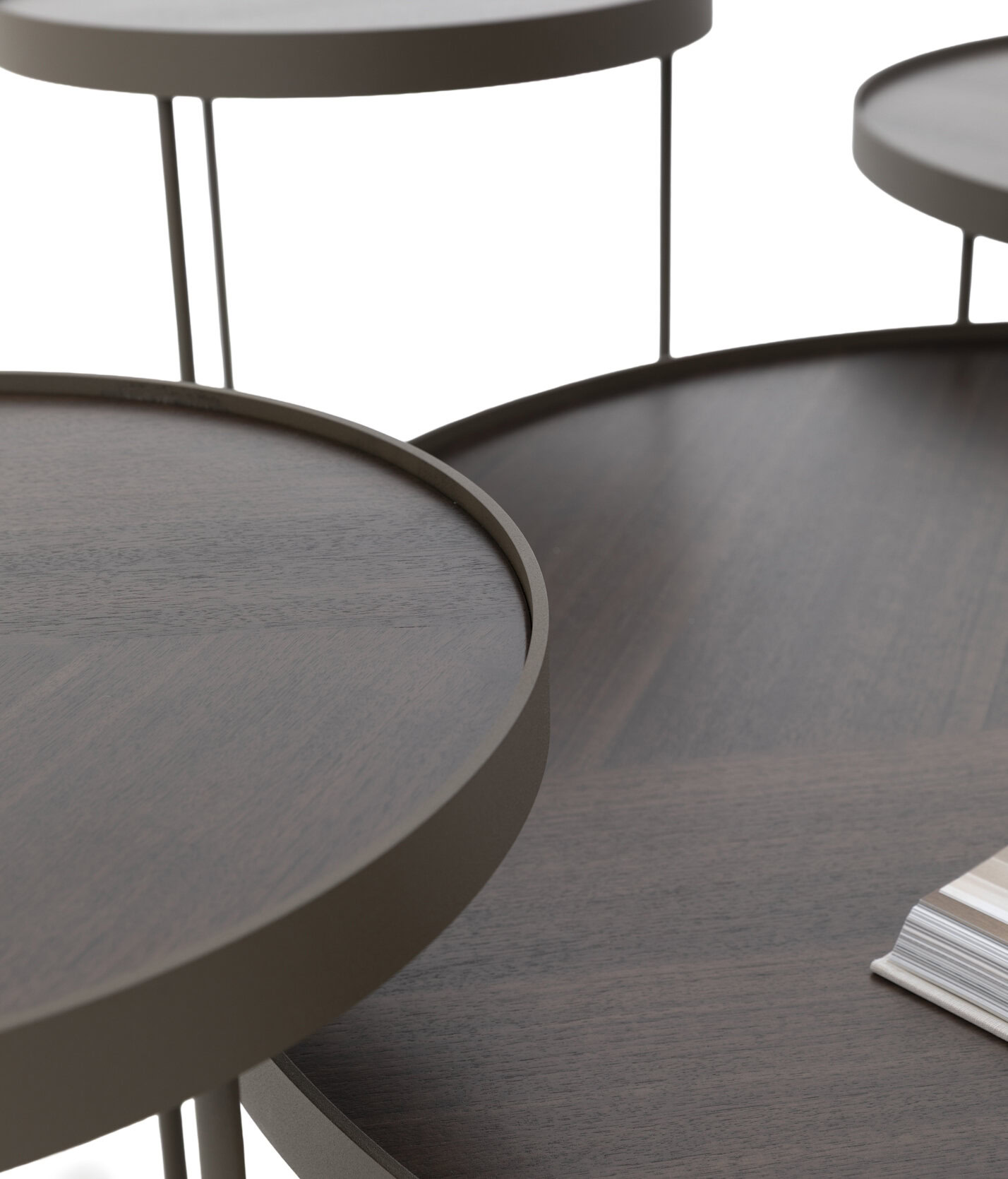 Sleek modern wooden coffee tables with rounded edges in dark and light finish, perfect for contemporary living room decor.