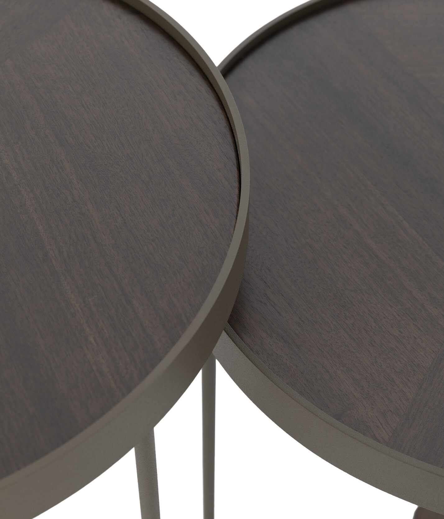 Sleek round wooden coffee tables with modern metal legs, perfect for stylish living room decor.