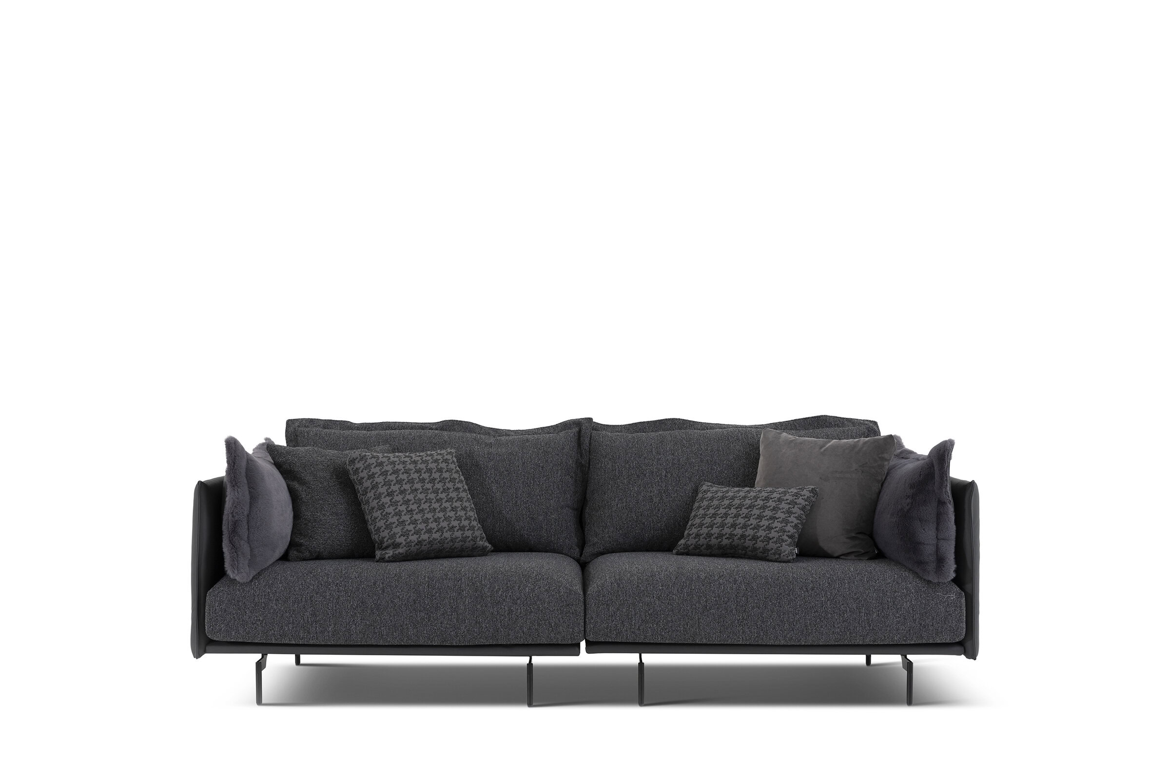 Luxury dark gray fabric sofa with plush cushions and modern design, perfect for stylish living rooms and home decor. Saloni Furniture offers high-quality, comfortable, and contemporary furniture pieces.
