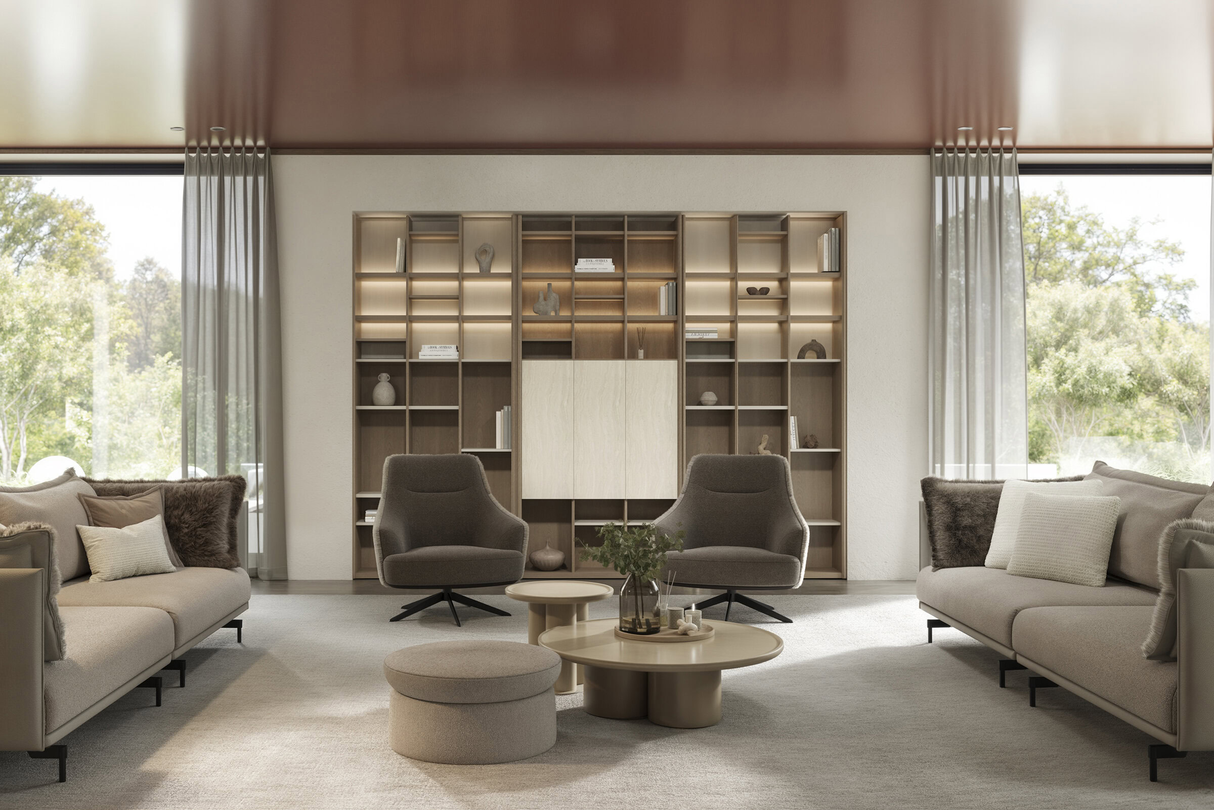 Elegant living room featuring modern beige sofas, stylish gray armchairs, and a contemporary wooden bookshelf with ambient lighting, perfect for a sophisticated home decor setup.
