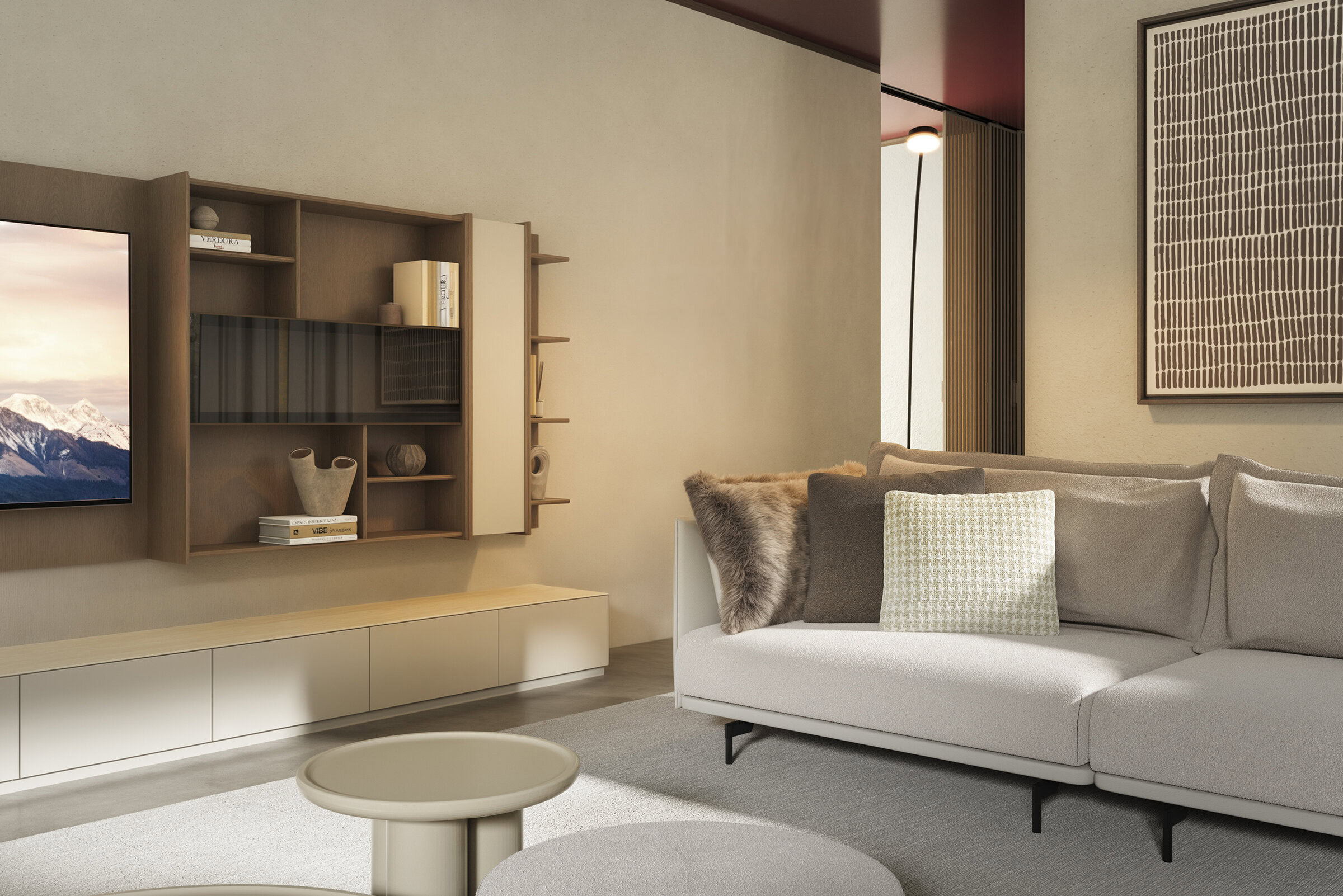 Contemporary living room with modern sofa, decorative cushions, wooden wall shelves, and minimalist decor, highlighting stylish and functional furniture options by Saloni Furniture.