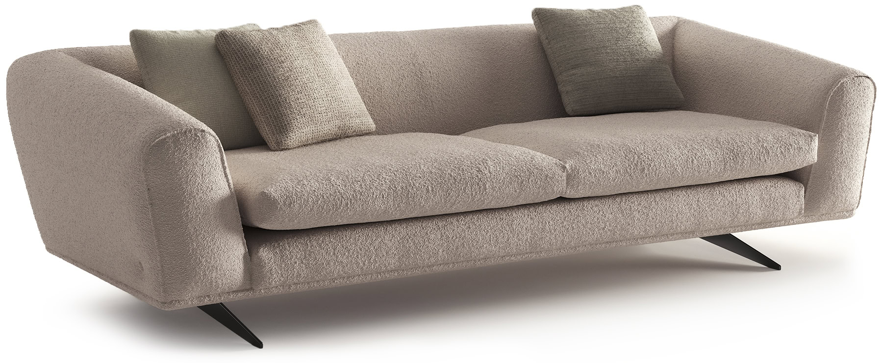 Elegant beige fabric sofa with plush cushions and sleek black legs, perfect for contemporary living rooms.