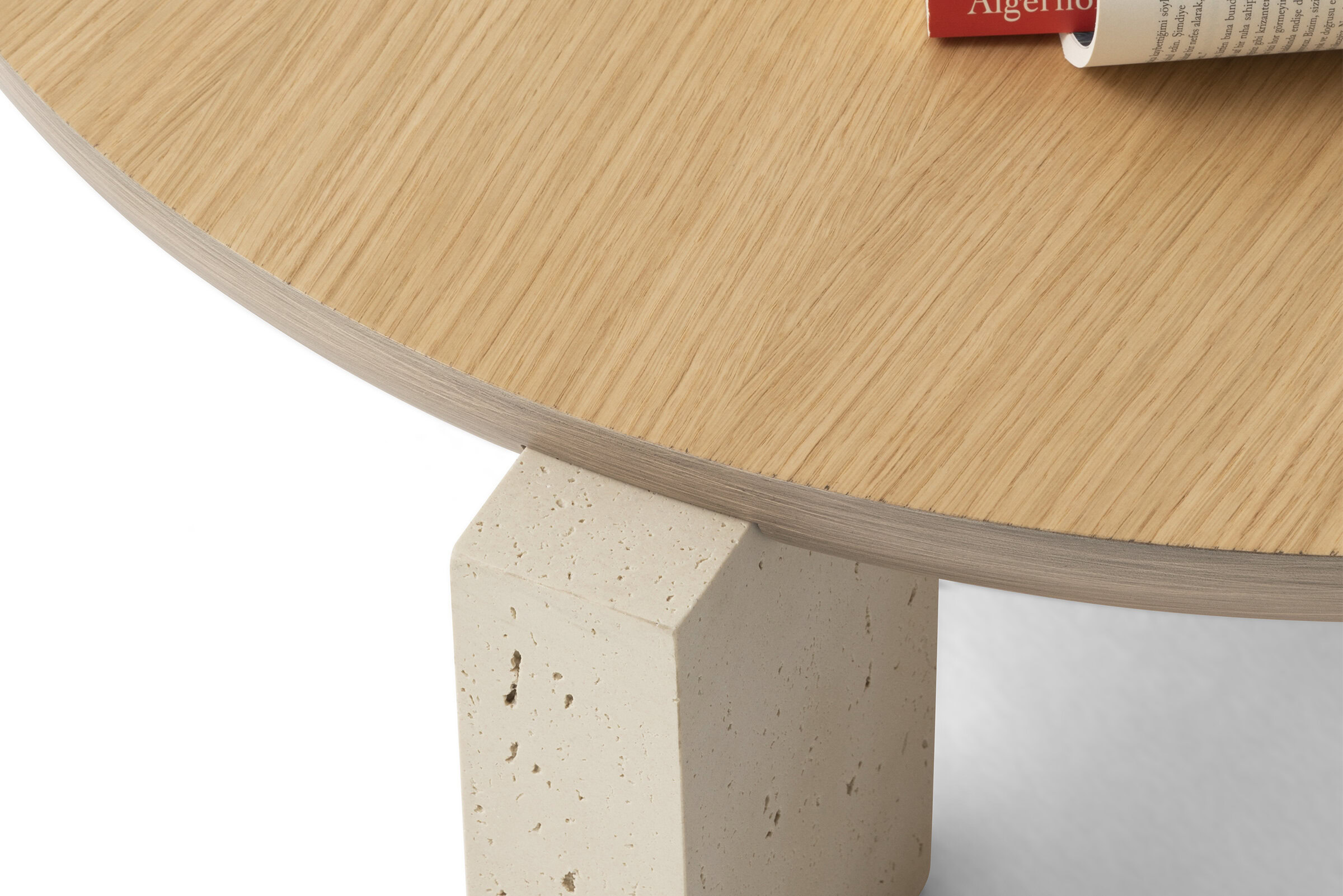 Sleek round wooden coffee table with textured beige stone legs, modern minimalist design, perfect for contemporary living rooms and home decor.
