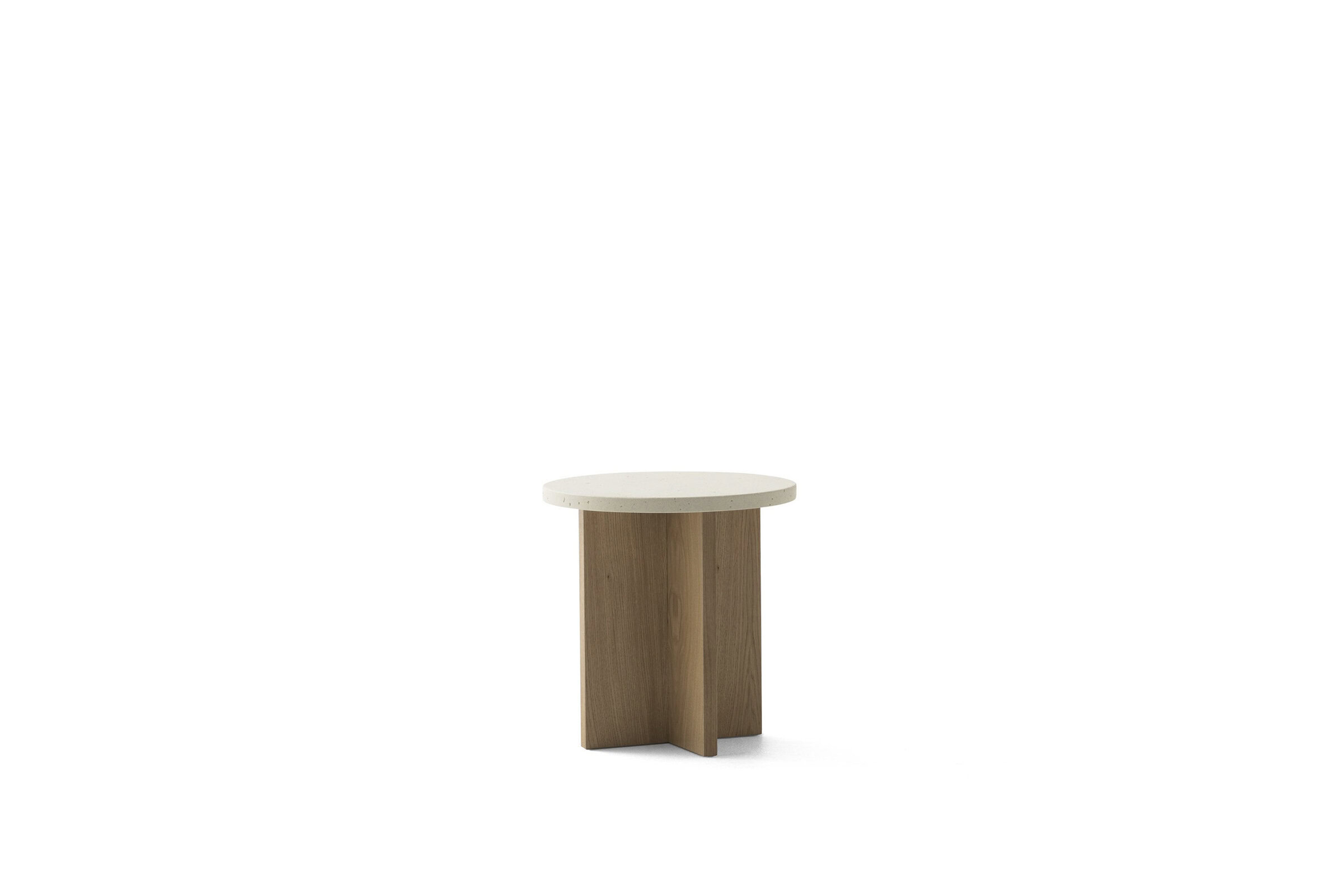 Sleek modern side table with a round white top and wooden base, perfect for contemporary living spaces.