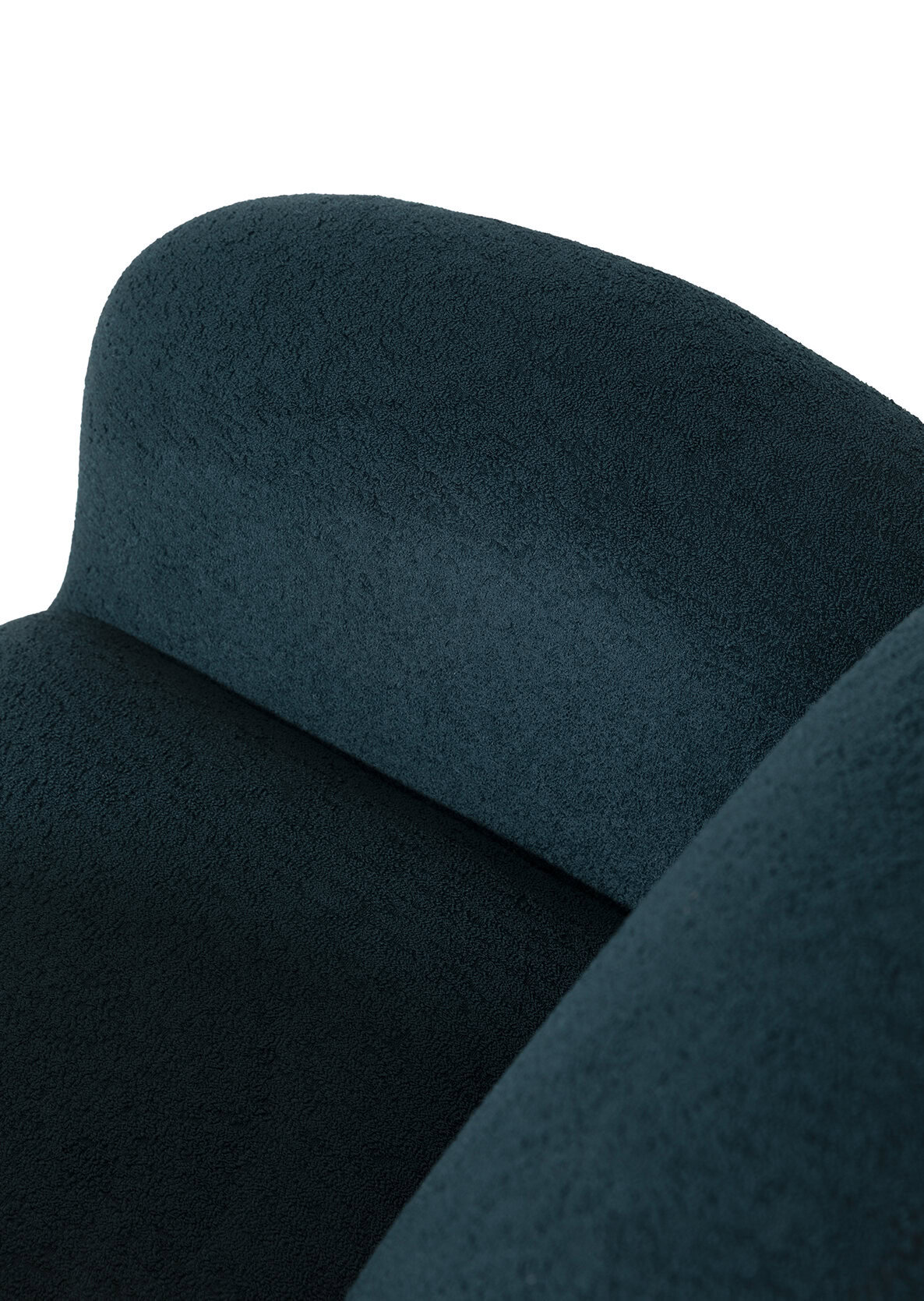 Luxurious dark teal upholstered armchair with curved design, modern aesthetic, soft fabric texture, and ergonomic comfort. Perfect for stylish and cozy living room or lounge furniture.