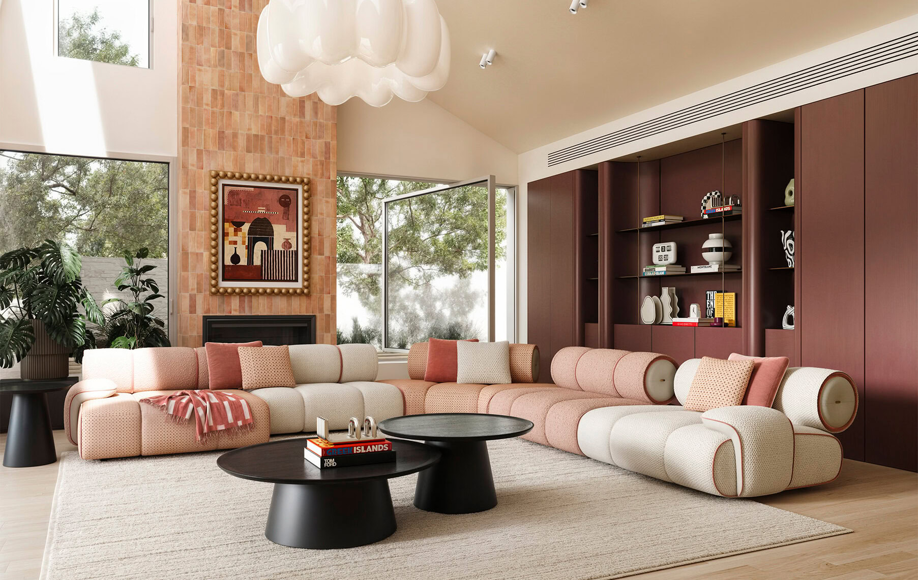 Elegant modular sofa with plush cushions, perfect for contemporary living rooms. Designed for comfort and aesthetic appeal, ideal for family gatherings and relaxing spaces.