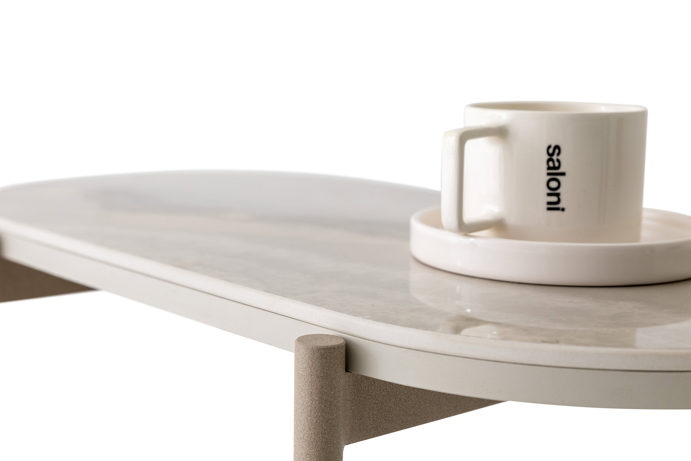 Sleek white marble side table with beige textured legs, minimalist design, perfect for modern living spaces, offering elegance and functional storage solutions.