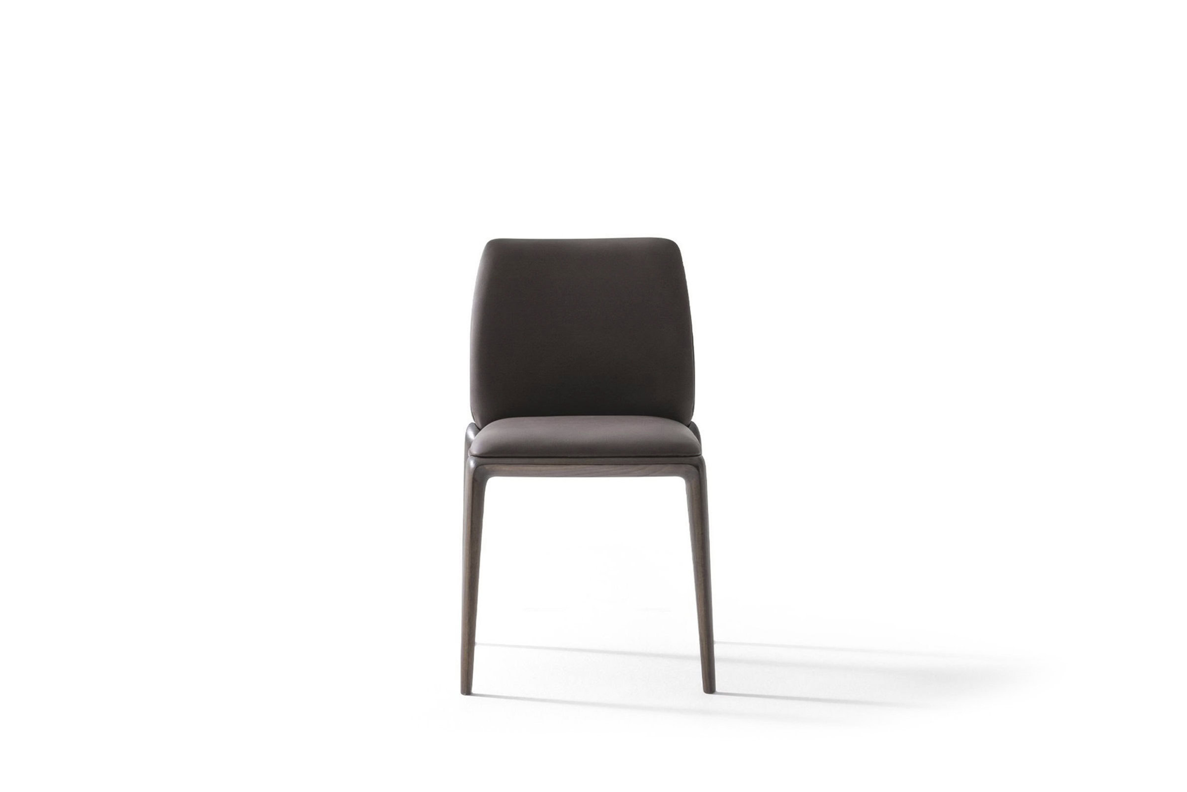 Sleek modern dining chair with dark brown upholstered seat and high back, perfect for contemporary home or restaurant interiors.