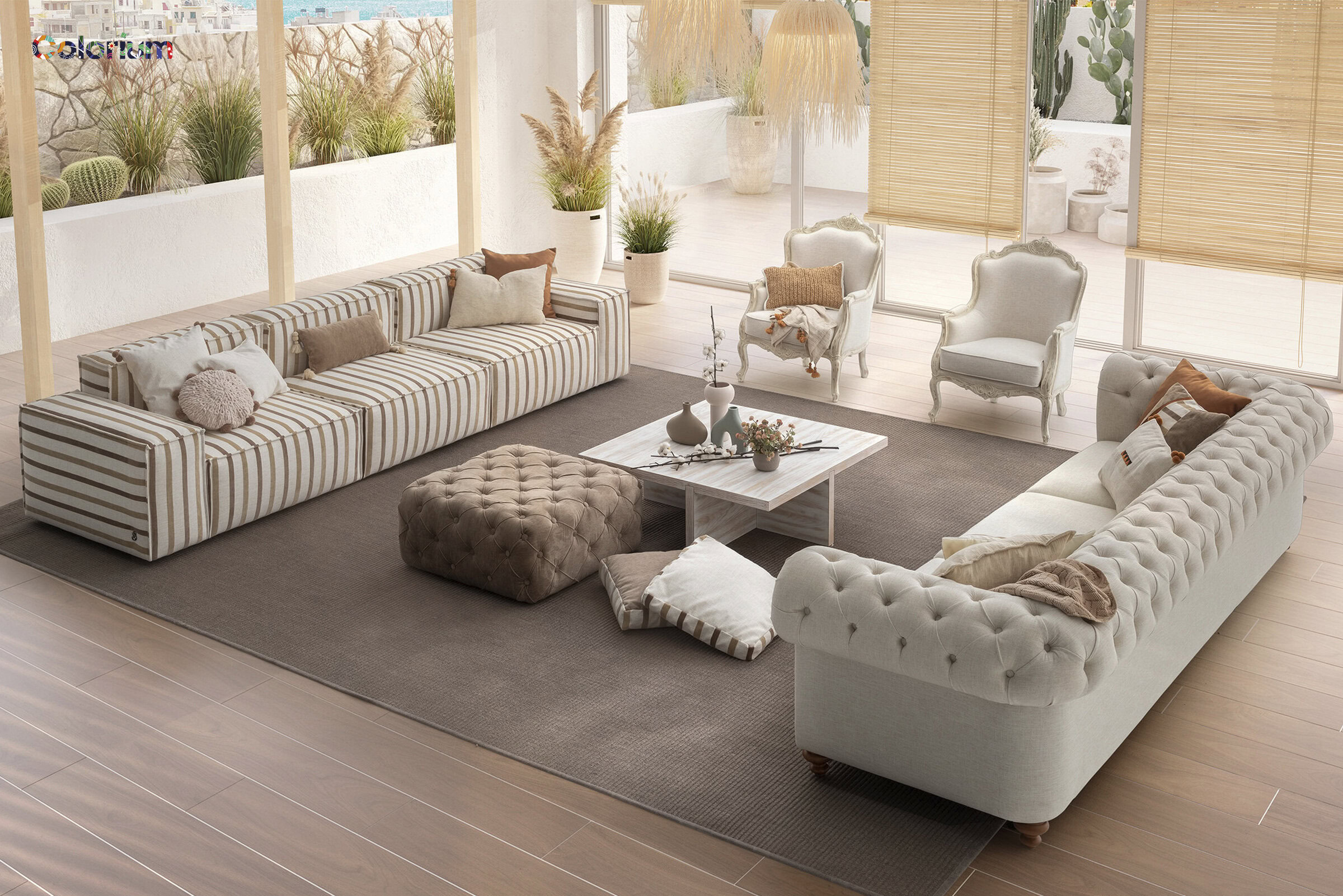 Elegant beige and striped fabric sofas in a bright, airy living room with natural light and stylish decor. Perfect for contemporary home interiors.