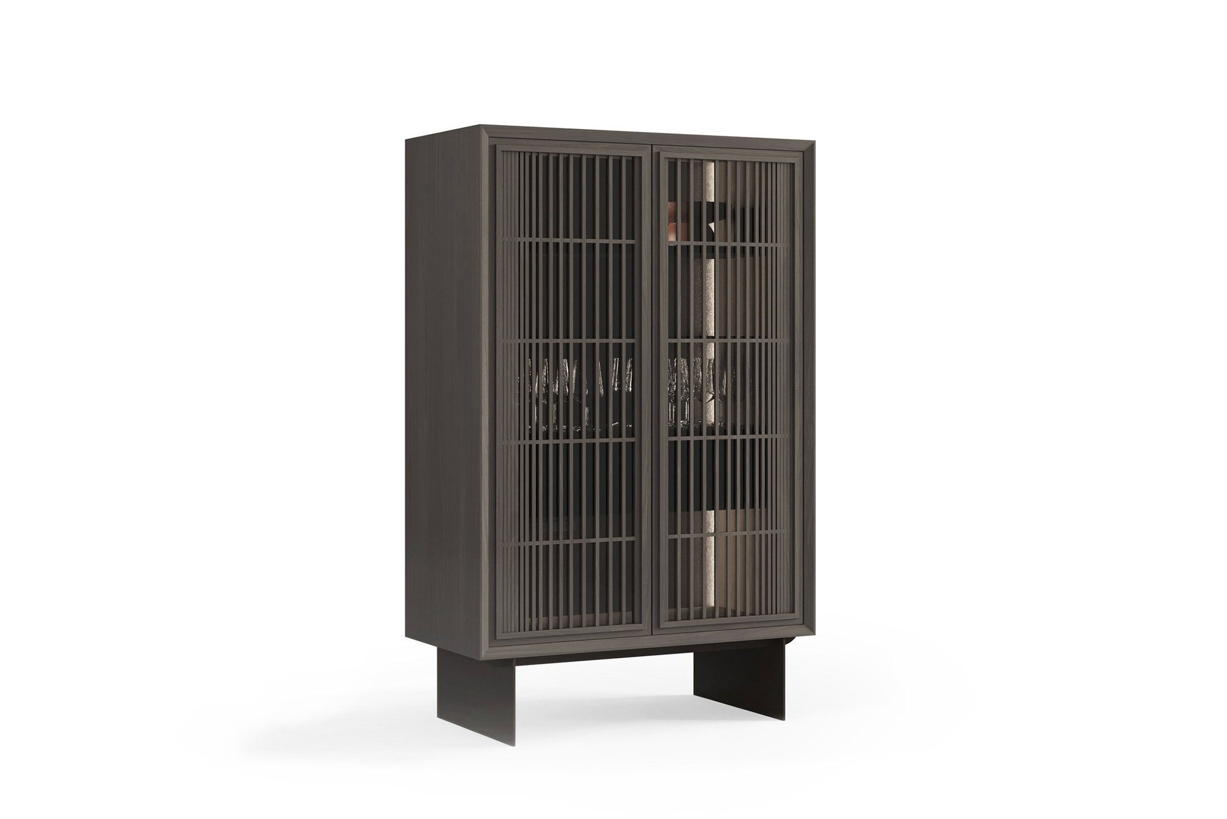 Elegant dark wood display cabinet with slatted doors, ideal for modern home decor and stylish storage solutions. Perfect for showcasing decorative pieces and collectibles.