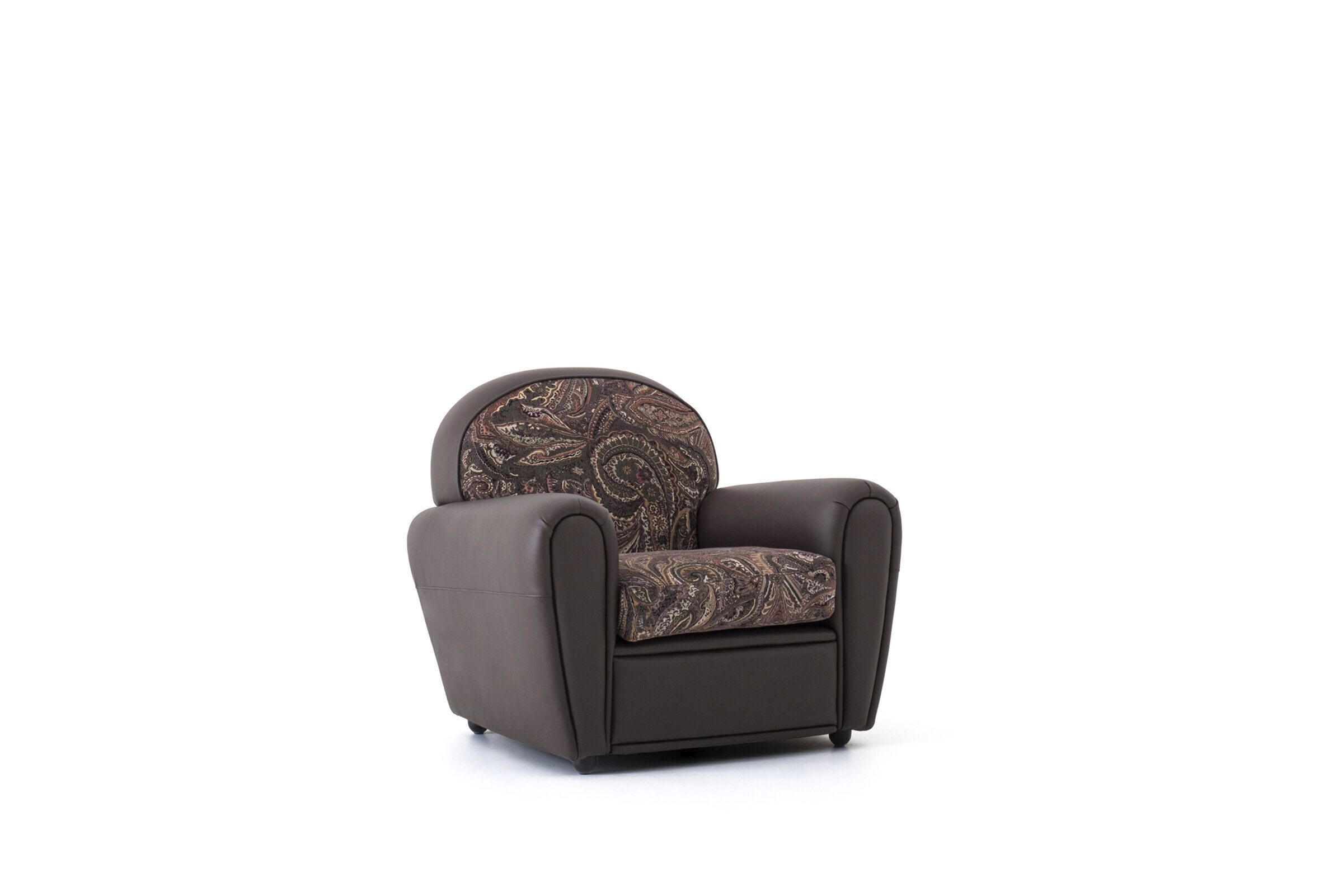 Elegant brown leather armchair with paisley upholstered cushion and backrest, perfect for stylish living room decor and comfortable seating. Ideal for both modern and classic interiors.
