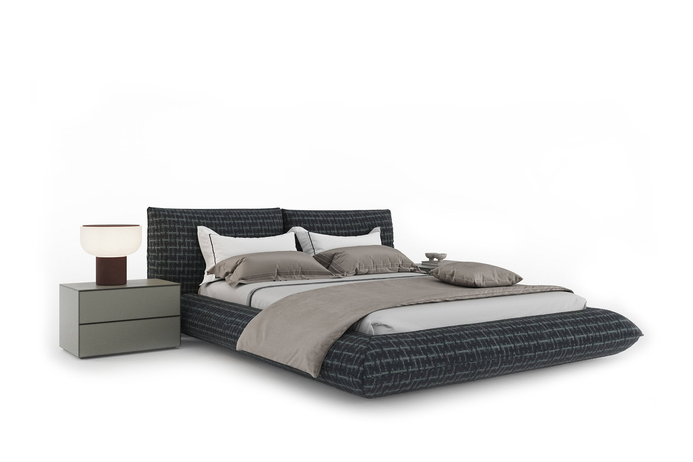 Contemporary black and blue upholstered bed with beige bedding, white and beige pillows, and minimalist bedside tables with modern lamps, showcasing luxury bedroom furniture.