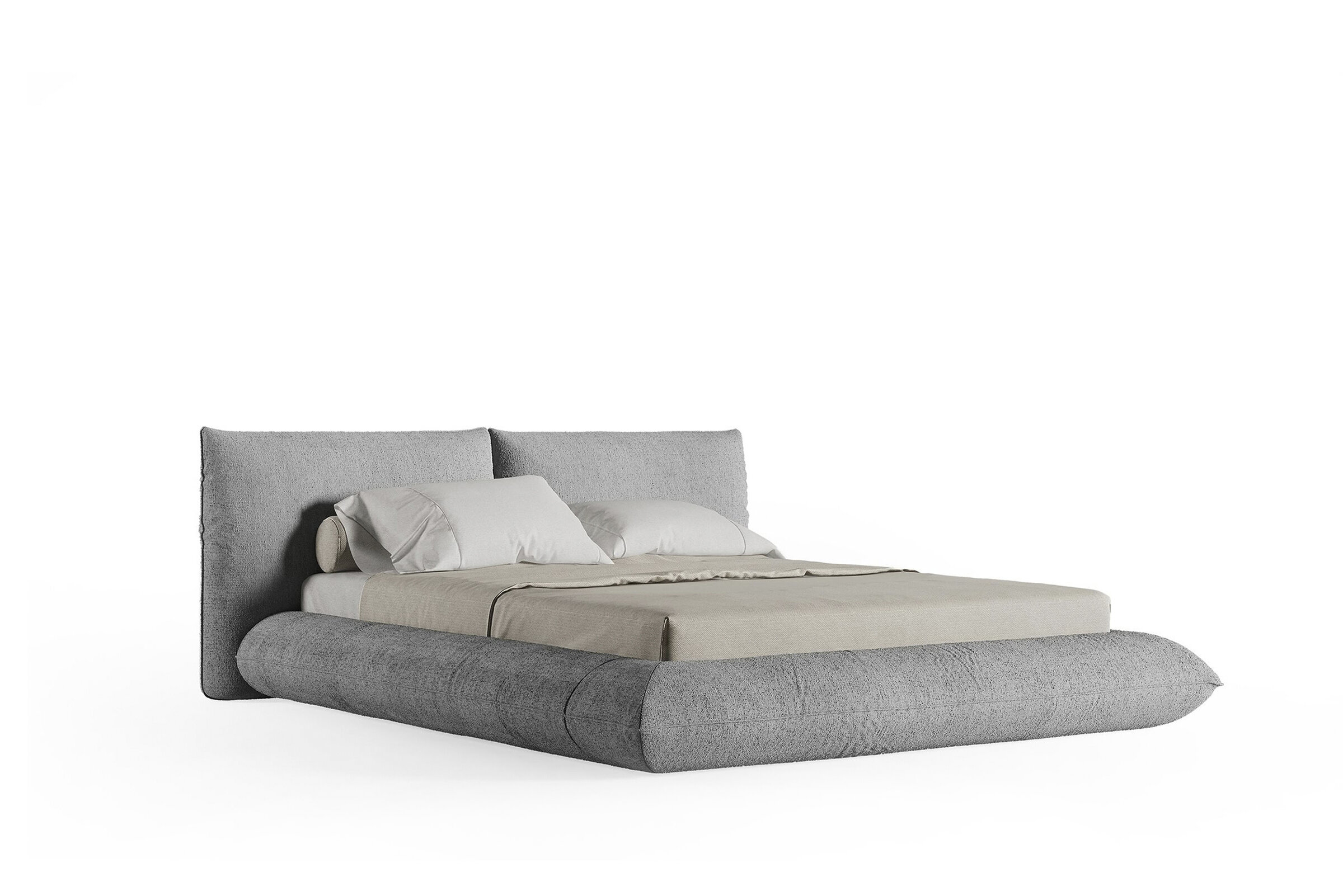 Luxurious modern grey upholstered platform bed with a tall headboard, designed for stylish bedroom interiors and comfort.