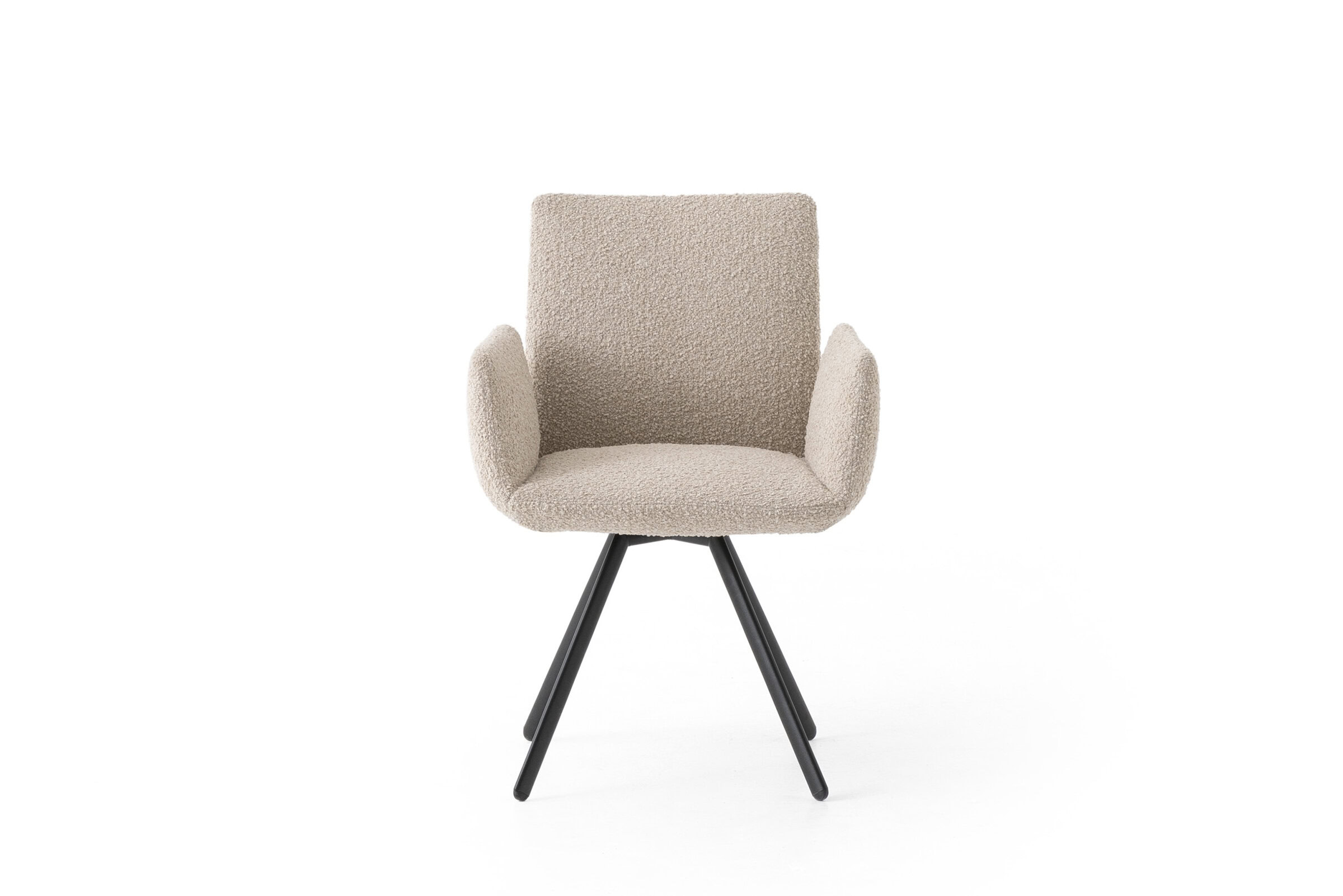 Contemporary beige upholstered armchair with curved armrests and black wooden legs, ideal for stylish living rooms and office spaces.