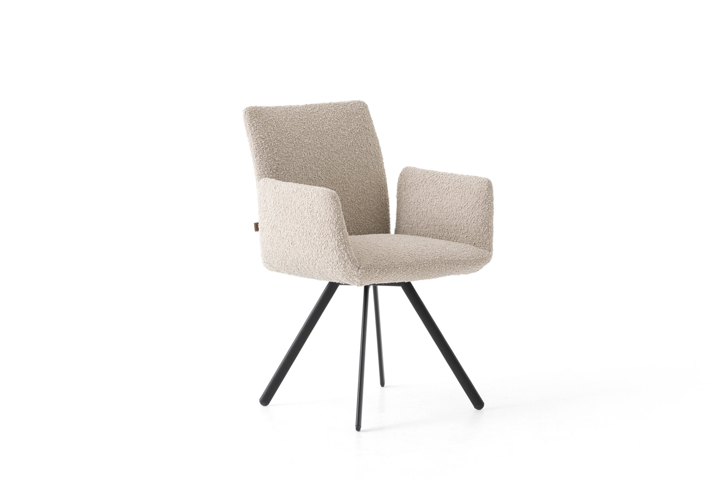 Stylish beige upholstered armchair with comfortable armrests and black wooden legs, ideal for contemporary living rooms and office spaces.